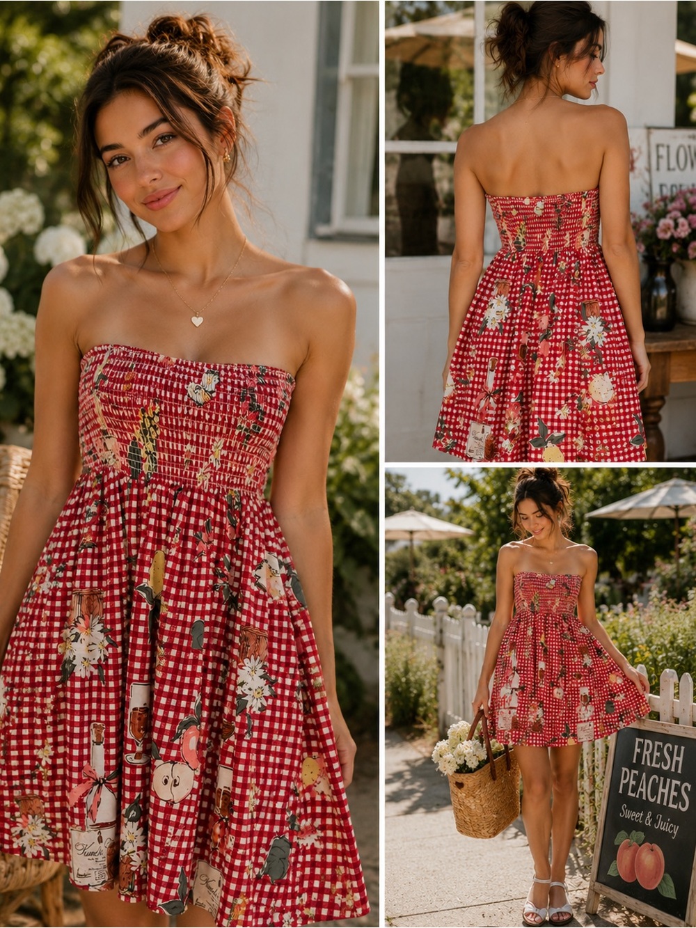 BDG Red Gingham Strapless Sundress with Fruit & Floral Print